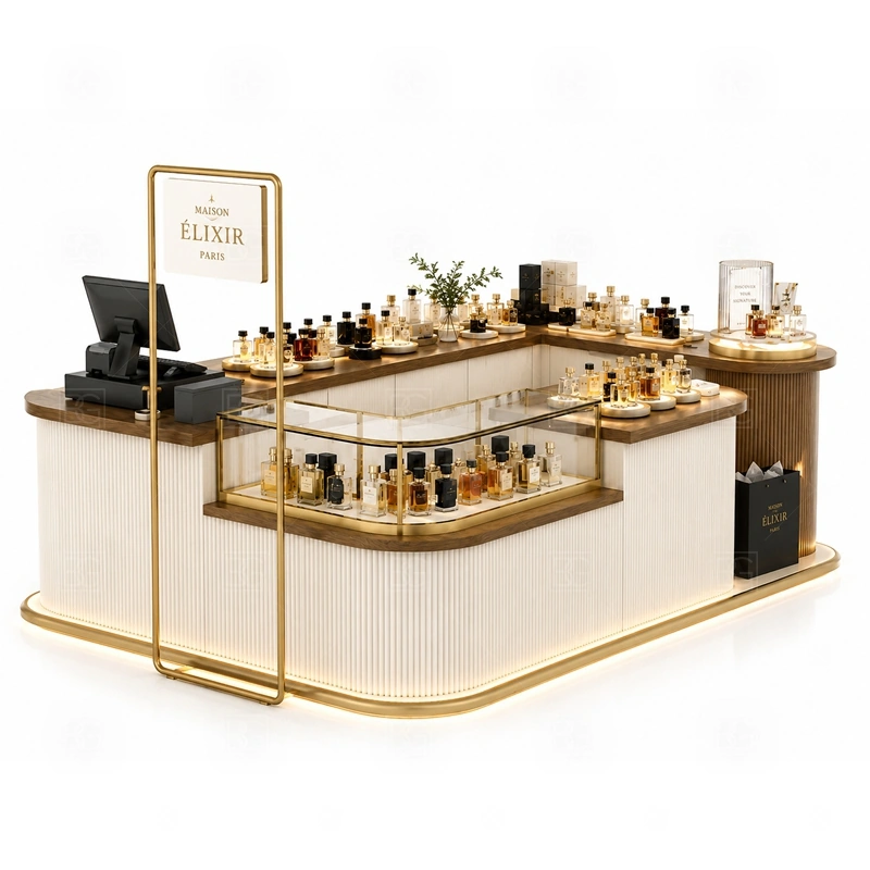 Black Gold Fragrance Kiosk for Retail Business with perfume bottle display and tester counter shown in the black gold fragrance kiosk for retail business product photos for fragrance and perfume retail