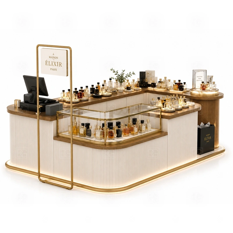 Black Gold Fragrance Kiosk for Retail Business layout showing shopping mall perfume kiosk layout with display counters, storage, and cashier planning shown in the black gold fragrance kiosk for retail business product photos, with center-court traffic where customers may approach from more than one direction