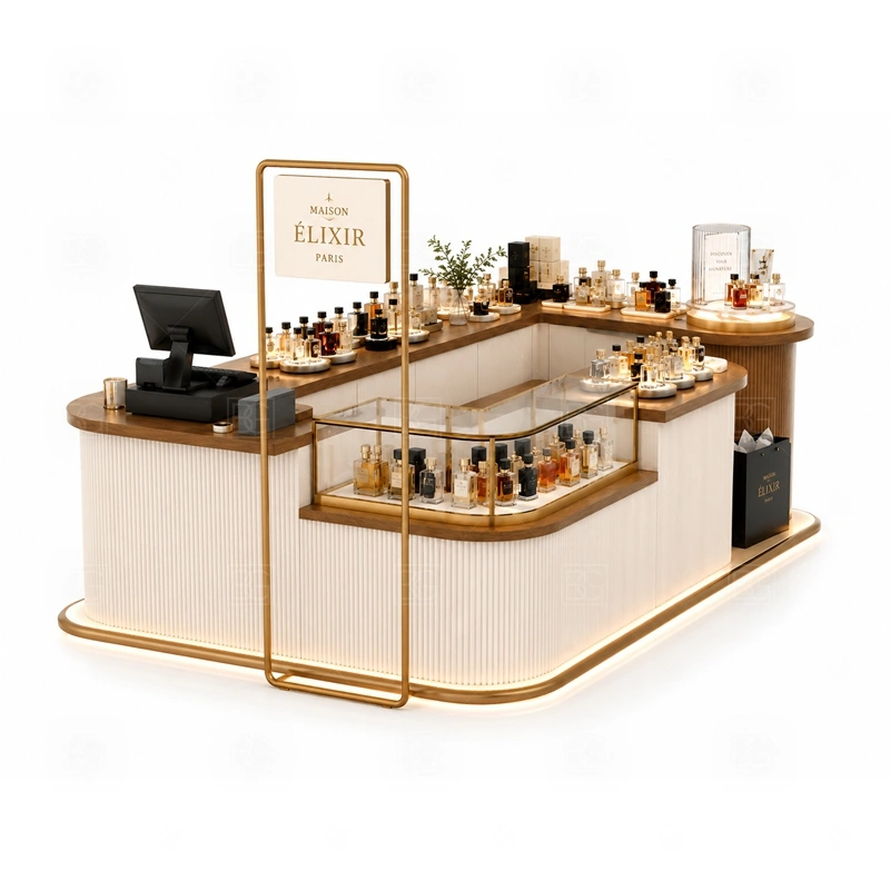 Black Gold Fragrance Kiosk for Retail Business display detail for tester counter, scent bar area, and bottle display shelves planned for perfume bottles, testers, gift sets, fragrance boxes, and small beauty products, arranged around the visible showcase rhythm of Black Gold Fragrance Kiosk for Retail Business