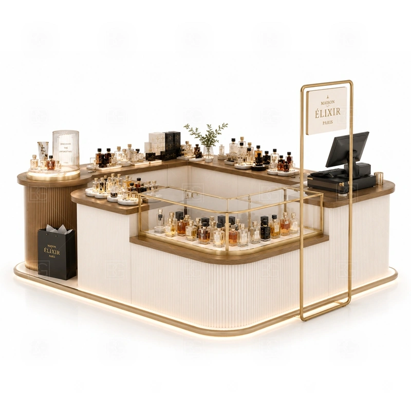 Black Gold Fragrance Kiosk for Retail Business branding detail for premium logo signage with coordinated gold trim details coordinated with fragrance brand color, logo panels, front graphics, and mall visibility needs, tuned to the logo position and visible brand surfaces of Black Gold Fragrance Kiosk for Retail Business