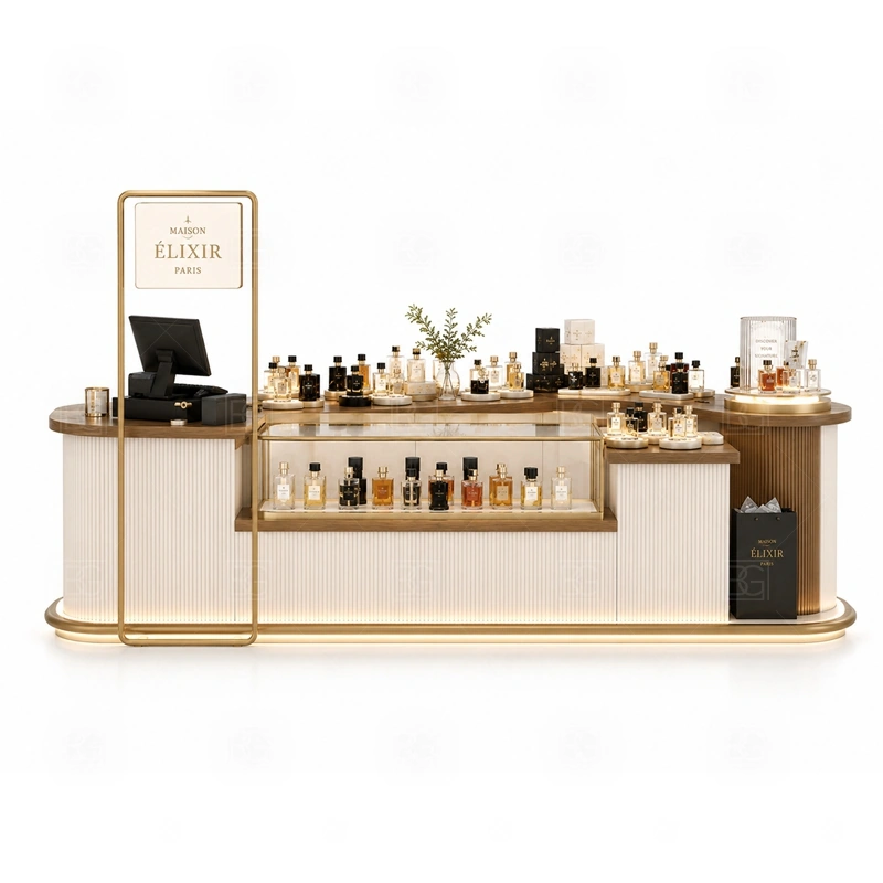 Black Gold Fragrance Kiosk for Retail Business storage detail for lockable drawers, bottle stock cabinets, tester storage, packaging space, and cable access planned for black gold fragrance kiosk for retail business