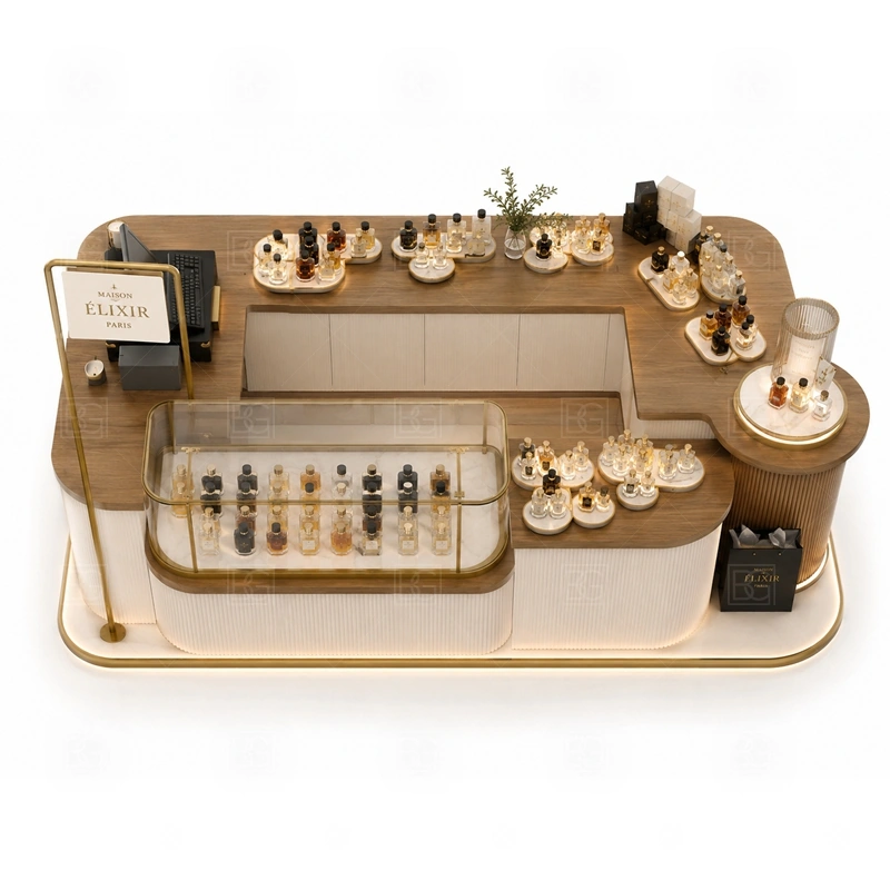 Black Gold Fragrance Kiosk for Retail Business buyer planning detail for Black Gold Fragrance Kiosk for Retail Business target size, bottle display quantity, tester counter size, logo sign dimensions, glass showcase size, lighting color, mall rules, destination country