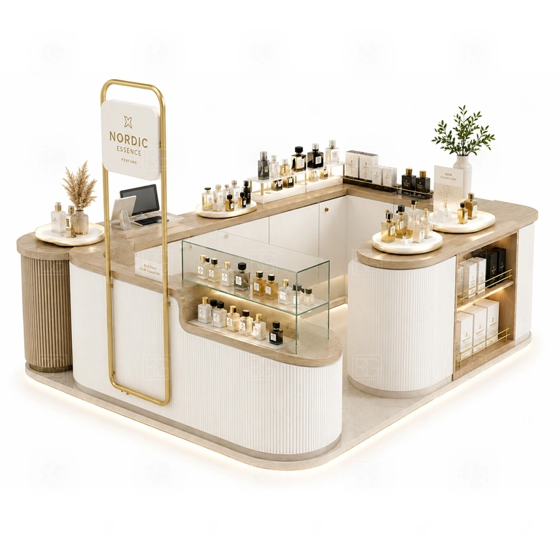 Brand Display Fragrance Display Stand for Shopping Mall layout showing shopping mall perfume kiosk layout with display counters, storage, and cashier planning shown in the brand display fragrance display stand for shopping mall product photos, with compact lease areas where storage and customer flow must be planned carefully