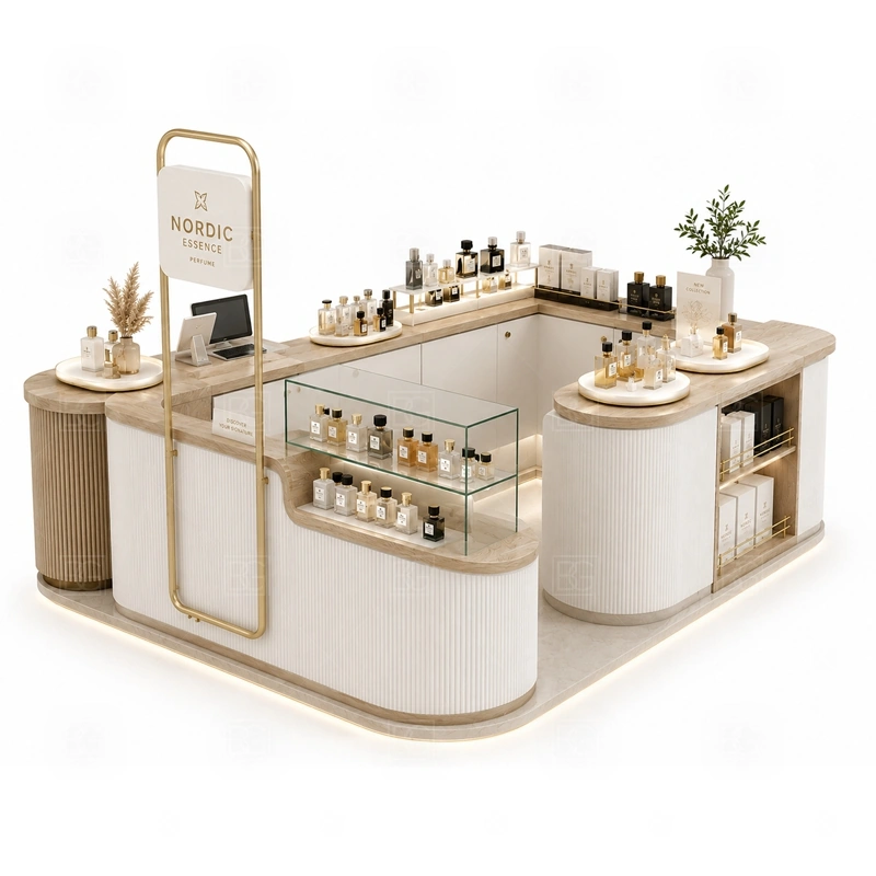 Brand Display Fragrance Display Stand for Shopping Mall display detail for perfume bottle displays, glass counters, and small product shelving planned for perfume bottles, testers, gift sets, fragrance boxes, and small beauty products, arranged around the visible showcase rhythm of Brand Display Fragrance Display Stand for Shopping Mall