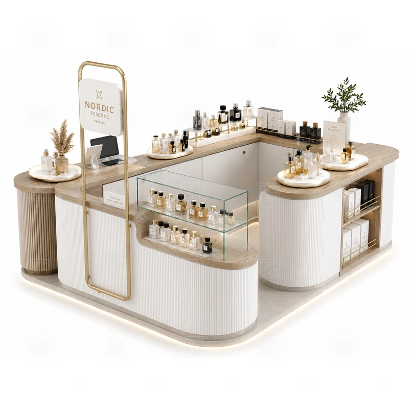Brand Display Fragrance Display Stand for Shopping Mall branding detail for custom logo signage and brand color presentation coordinated with fragrance brand color, logo panels, front graphics, and mall visibility needs, tuned to the logo position and visible brand surfaces of Brand Display Fragrance Display Stand for Shopping Mall