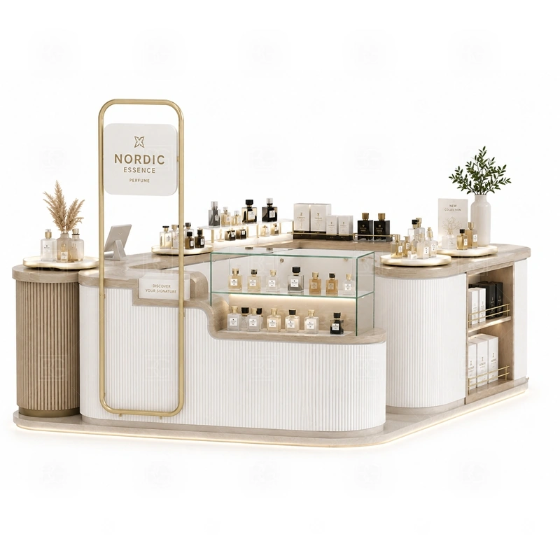 Brand Display Fragrance Display Stand for Shopping Mall storage detail for lockable drawers, bottle stock cabinets, tester storage, packaging space, and cable access planned for brand display fragrance display stand for shopping mall