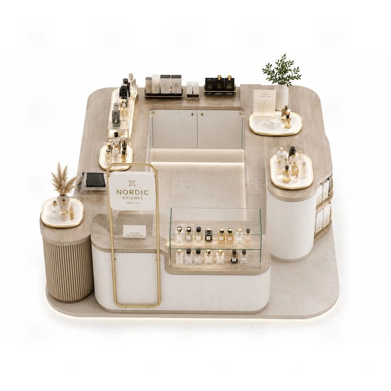 Brand Display Fragrance Display Stand for Shopping Mall buyer planning detail for Brand Display Fragrance Display Stand for Shopping Mall target size, bottle display quantity, tester counter size, logo sign dimensions, glass showcase size, lighting color, mall rules, destination country