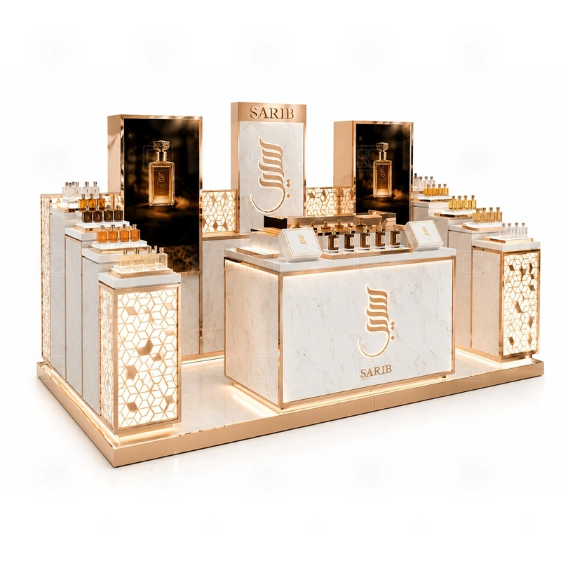 Brand Display Perfume Display Kiosk Manufacturer layout showing island perfume kiosk layout with browsing from several sides shown in the brand display perfume display kiosk manufacturer product photos, with compact lease areas where storage and customer flow must be planned carefully