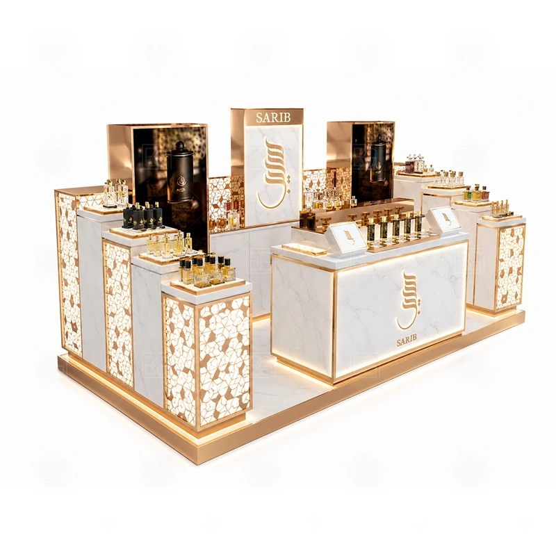 Brand Display Perfume Display Kiosk Manufacturer display detail for perfume bottle displays, glass counters, and small product shelving planned for perfume bottles, testers, gift sets, fragrance boxes, and small beauty products, arranged around the visible showcase rhythm of Brand Display Perfume Display Kiosk Manufacturer