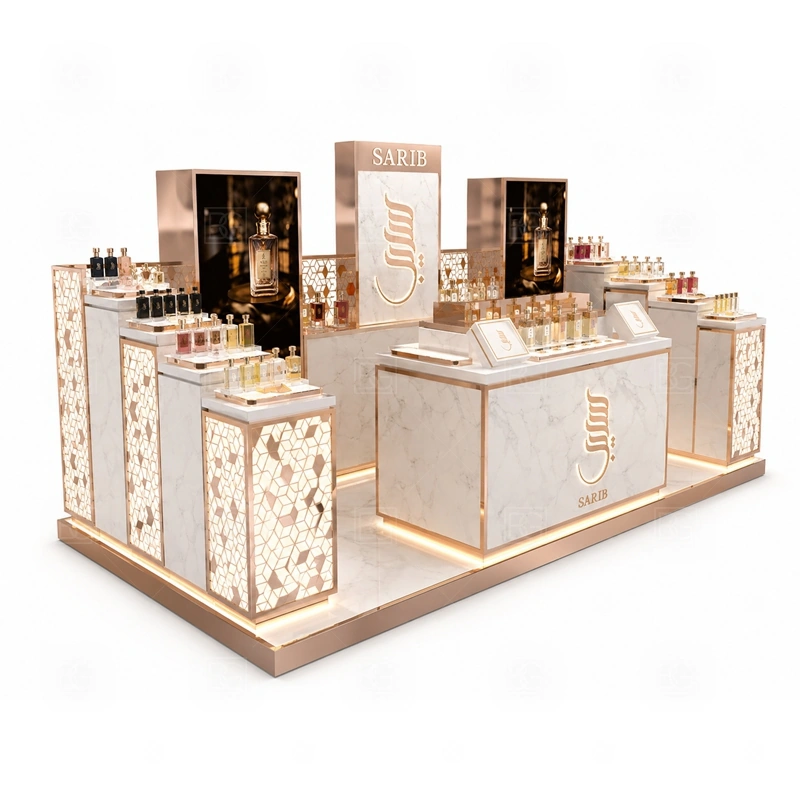 Brand Display Perfume Display Kiosk Manufacturer branding detail for custom logo signage and brand color presentation coordinated with fragrance brand color, logo panels, front graphics, and mall visibility needs, tuned to the logo position and visible brand surfaces of Brand Display Perfume Display Kiosk Manufacturer