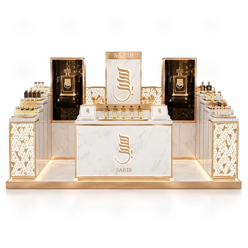 Brand Display Perfume Display Kiosk Manufacturer storage detail for lockable drawers, bottle stock cabinets, tester storage, packaging space, and cable access planned for brand display perfume display kiosk manufacturer