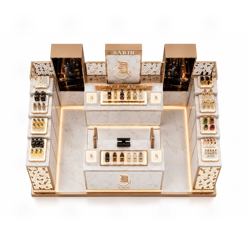 Brand Display Perfume Display Kiosk Manufacturer buyer planning detail for Brand Display Perfume Display Kiosk Manufacturer target size, bottle display quantity, tester counter size, logo sign dimensions, glass showcase size, lighting color, mall rules, destination country