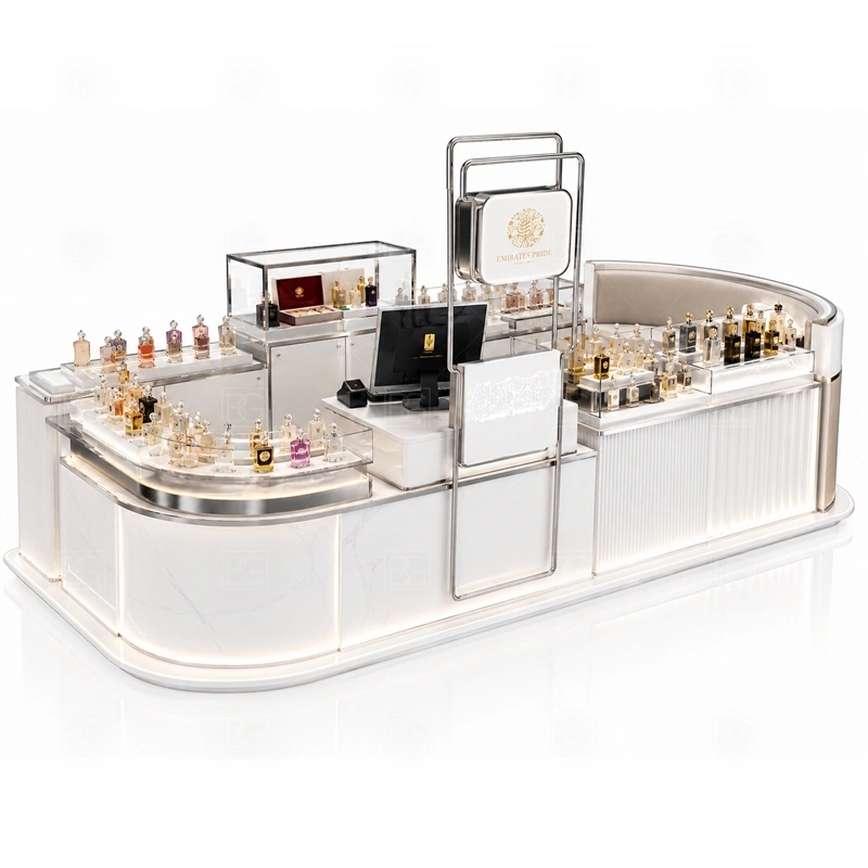 Center Court Perfume Kiosk for Shopping Mall with pink boutique fragrance display shown in the center court perfume kiosk for shopping mall product photos for fragrance and perfume retail