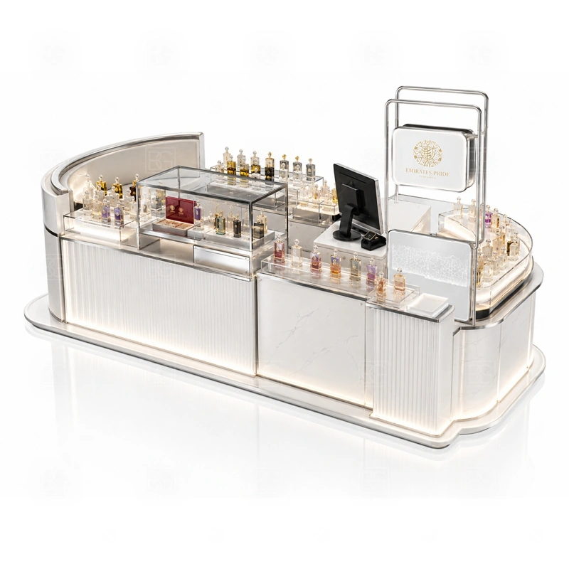 Center Court Perfume Kiosk for Shopping Mall display detail for perfume bottle displays, glass counters, and small product shelving planned for perfume bottles, testers, gift sets, fragrance boxes, and small beauty products, arranged around the visible showcase rhythm of Center Court Perfume Kiosk for Shopping Mall