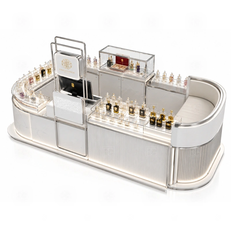 Center Court Perfume Kiosk for Shopping Mall branding detail for custom logo signage and brand color presentation coordinated with fragrance brand color, logo panels, front graphics, and mall visibility needs, tuned to the logo position and visible brand surfaces of Center Court Perfume Kiosk for Shopping Mall