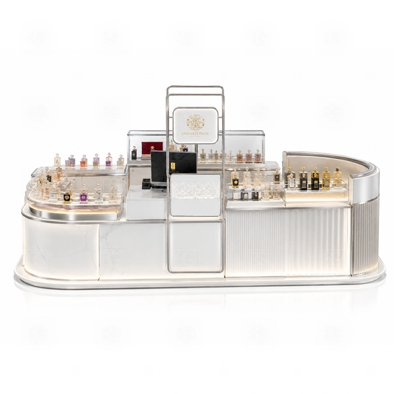 Center Court Perfume Kiosk for Shopping Mall storage detail for lockable drawers, bottle stock cabinets, tester storage, packaging space, and cable access planned for center court perfume kiosk for shopping mall