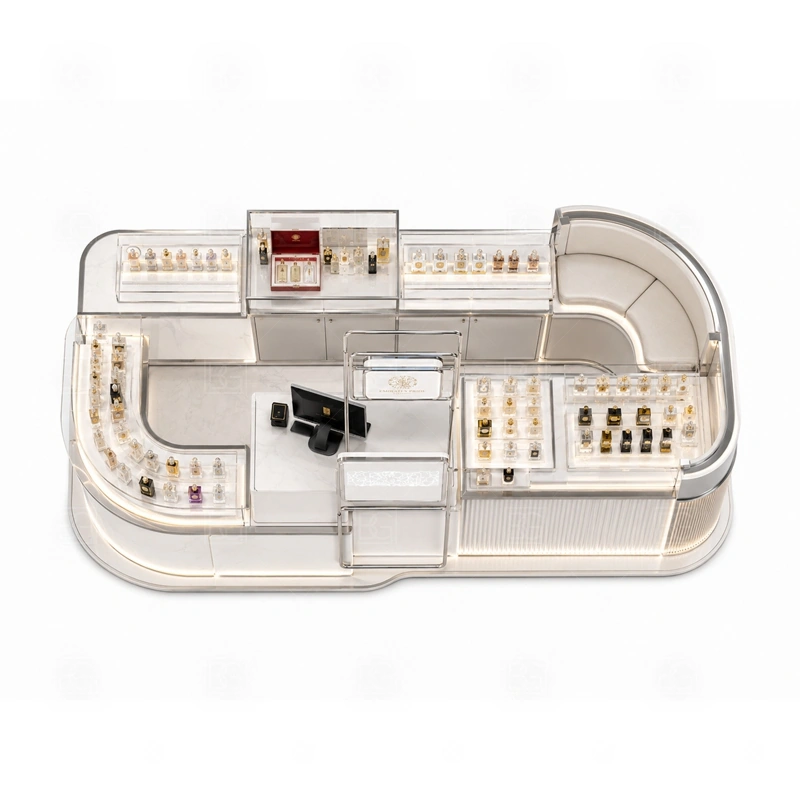 Center Court Perfume Kiosk for Shopping Mall buyer planning detail for Center Court Perfume Kiosk for Shopping Mall target size, bottle display quantity, tester counter size, logo sign dimensions, glass showcase size, lighting color, mall rules, destination country