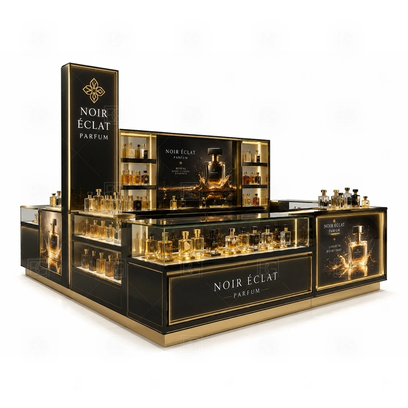 Center Court Scent Bar Kiosk Manufacturer with premium black and gold presentation shown in the center court scent bar kiosk manufacturer product photos for fragrance and perfume retail