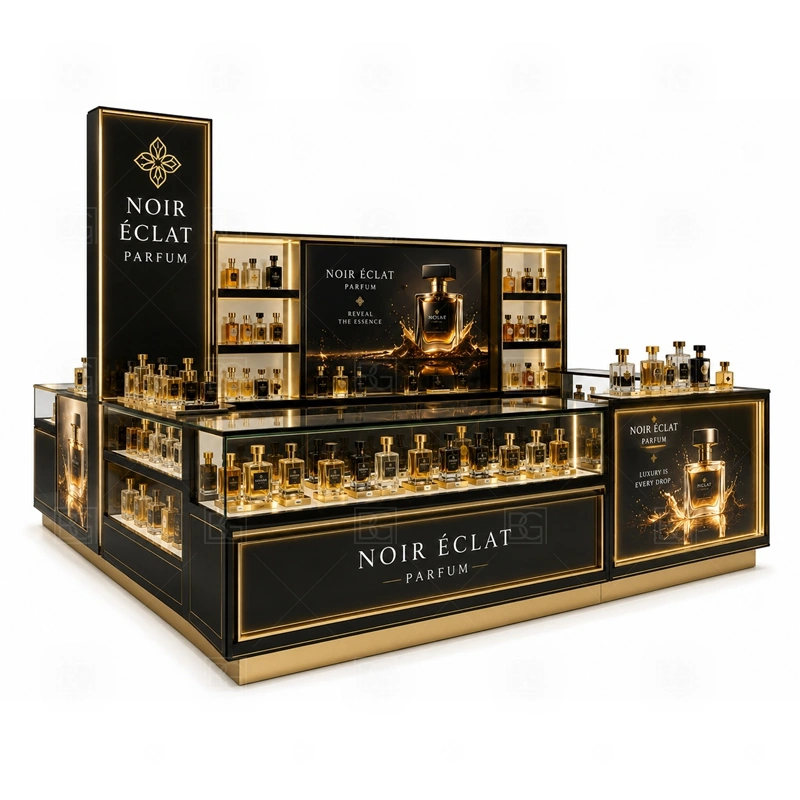 Center Court Scent Bar Kiosk Manufacturer layout showing island perfume kiosk layout with browsing from several sides shown in the center court scent bar kiosk manufacturer product photos, with center-court traffic where customers may approach from more than one direction