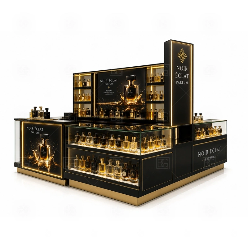 Center Court Scent Bar Kiosk Manufacturer display detail for tester counter, scent bar area, and bottle display shelves planned for perfume bottles, testers, gift sets, fragrance boxes, and small beauty products, arranged around the visible showcase rhythm of Center Court Scent Bar Kiosk Manufacturer
