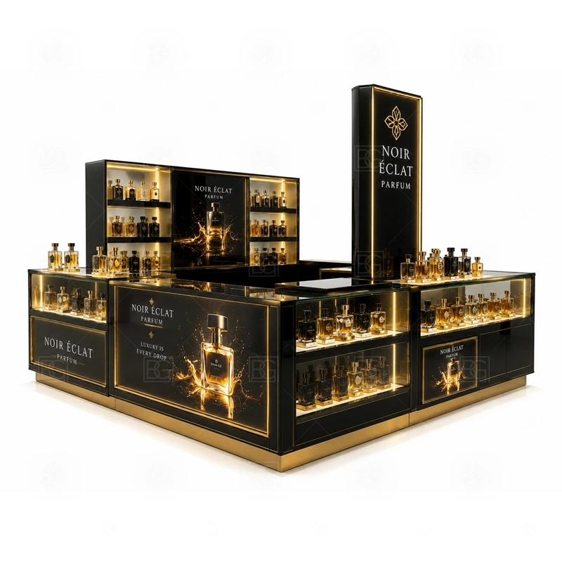 Center Court Scent Bar Kiosk Manufacturer branding detail for custom logo signage and brand color presentation coordinated with fragrance brand color, logo panels, front graphics, and mall visibility needs, tuned to the logo position and visible brand surfaces of Center Court Scent Bar Kiosk Manufacturer