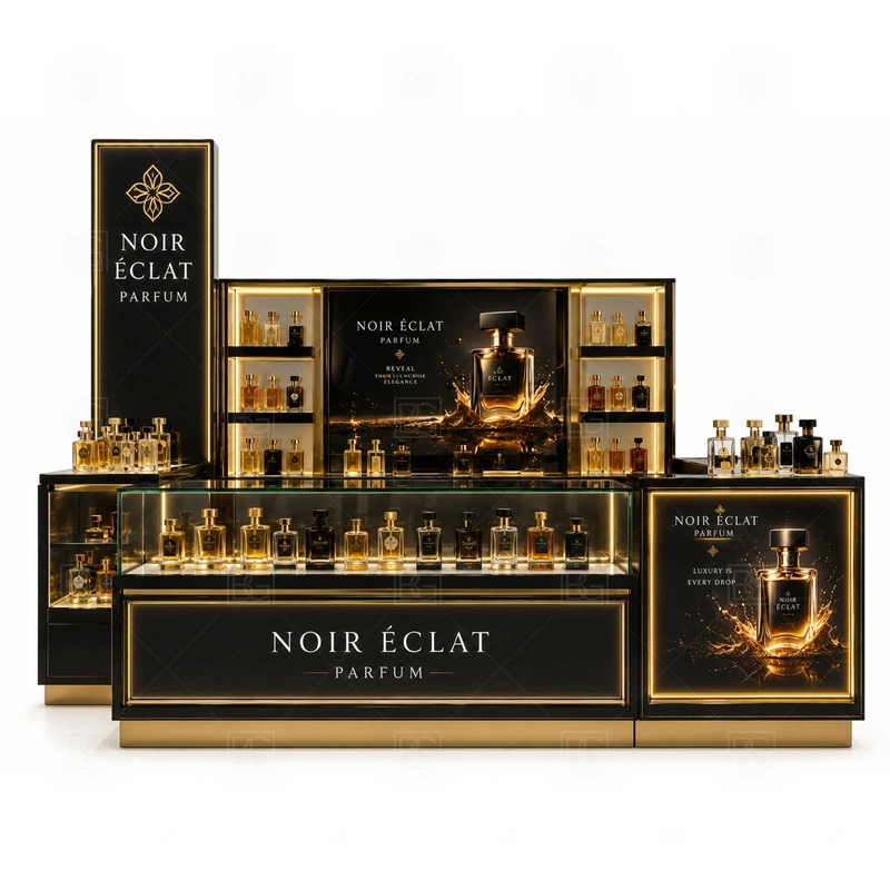 Center Court Scent Bar Kiosk Manufacturer storage detail for lockable drawers, bottle stock cabinets, tester storage, packaging space, and cable access planned for center court scent bar kiosk manufacturer