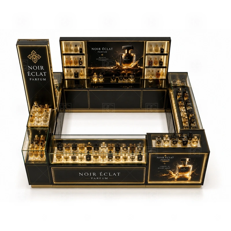 Center Court Scent Bar Kiosk Manufacturer buyer planning detail for Center Court Scent Bar Kiosk Manufacturer target size, bottle display quantity, tester counter size, logo sign dimensions, glass showcase size, lighting color, mall rules, destination country