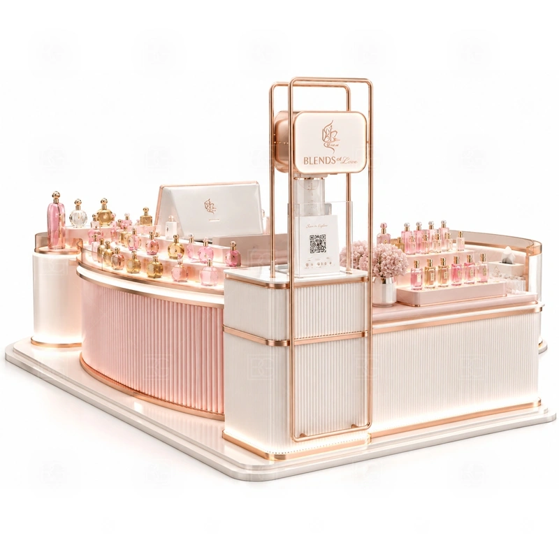 Commercial Perfume Display Kiosk for Retail Business with perfume bottle display and tester counter shown in the commercial perfume display kiosk for retail business product photos for fragrance and perfume retail