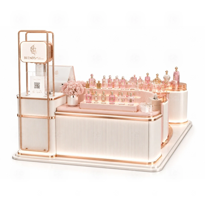 Commercial Perfume Display Kiosk for Retail Business layout showing shopping mall perfume kiosk layout with display counters, storage, and cashier planning shown in the commercial perfume display kiosk for retail business product photos, with center-court traffic where customers may approach from more than one direction