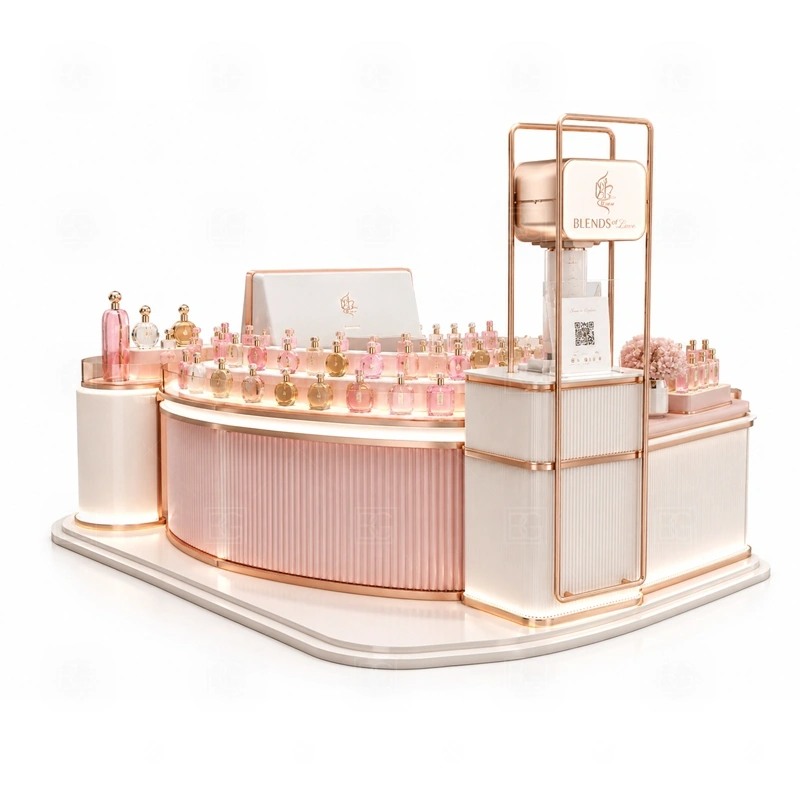 Commercial Perfume Display Kiosk for Retail Business display detail for tester counter, scent bar area, and bottle display shelves planned for perfume bottles, testers, gift sets, fragrance boxes, and small beauty products, arranged around the visible showcase rhythm of Commercial Perfume Display Kiosk for Retail Business