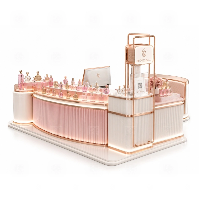 Commercial Perfume Display Kiosk for Retail Business branding detail for custom logo signage and brand color presentation coordinated with fragrance brand color, logo panels, front graphics, and mall visibility needs, tuned to the logo position and visible brand surfaces of Commercial Perfume Display Kiosk for Retail Business