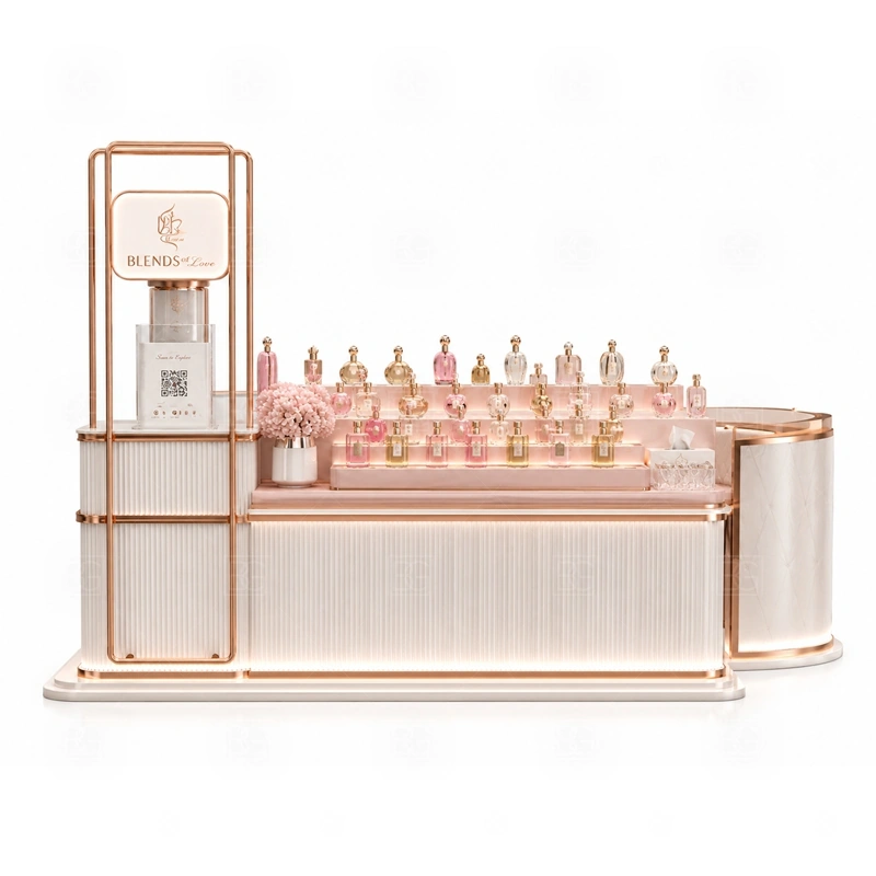 Commercial Perfume Display Kiosk for Retail Business storage detail for lockable drawers, bottle stock cabinets, tester storage, packaging space, and cable access planned for commercial perfume display kiosk for retail business