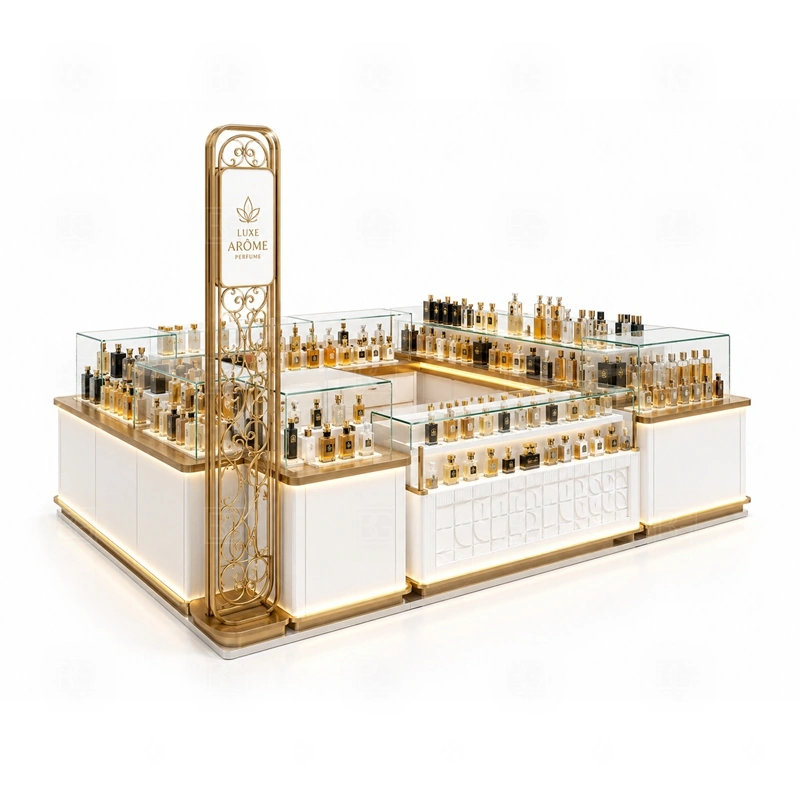 Commercial Perfume Kiosk and Display Shelves with green brand color and display cabinets shown in the commercial perfume kiosk and display shelves product photos for fragrance and perfume retail