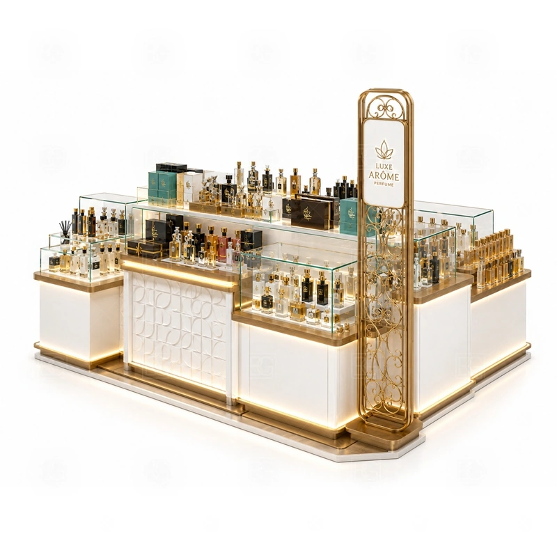 Commercial Perfume Kiosk and Display Shelves layout showing shopping mall perfume kiosk layout with display counters, storage, and cashier planning shown in the commercial perfume kiosk and display shelves product photos, with compact lease areas where storage and customer flow must be planned carefully