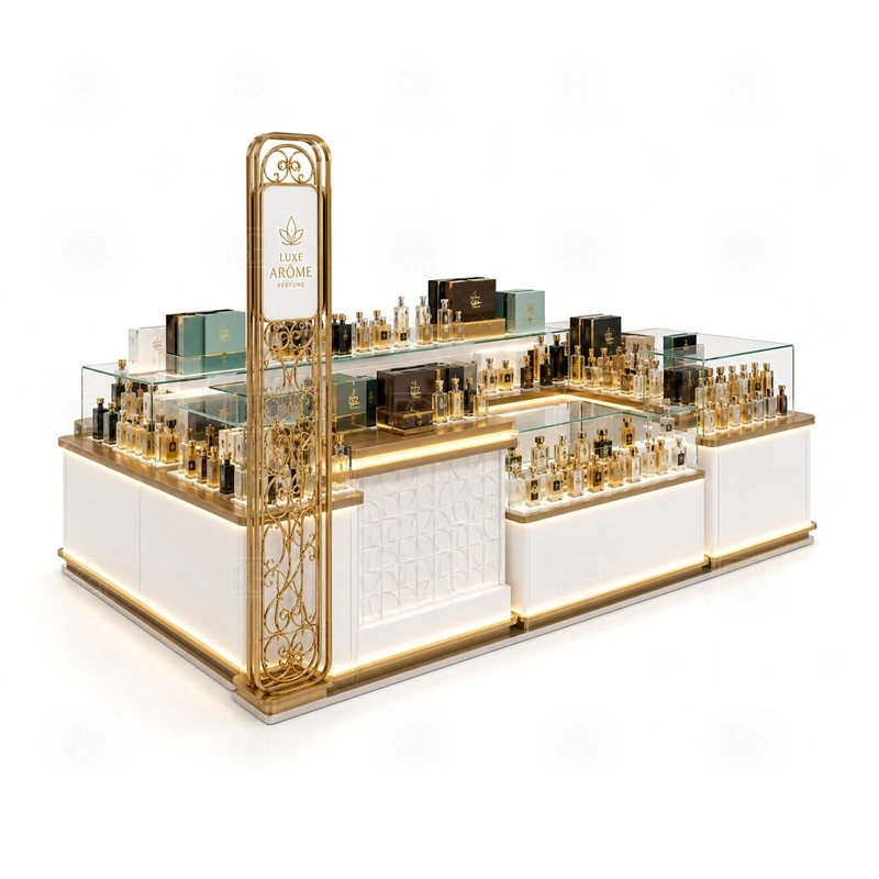 Commercial Perfume Kiosk and Display Shelves display detail for perfume bottle displays, glass counters, and small product shelving planned for perfume bottles, testers, gift sets, fragrance boxes, and small beauty products, arranged around the visible showcase rhythm of Commercial Perfume Kiosk and Display Shelves