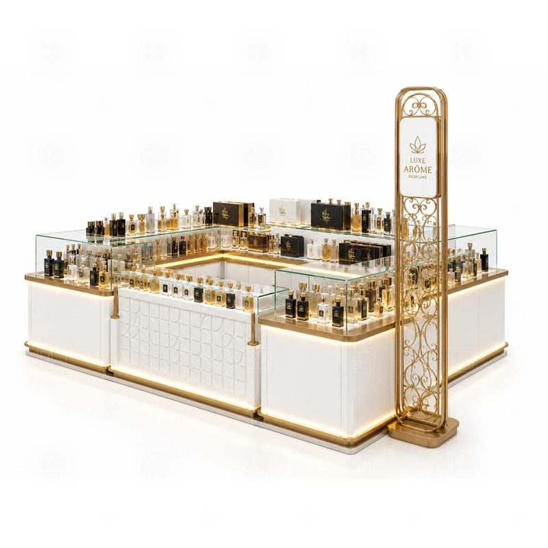 Commercial Perfume Kiosk and Display Shelves branding detail for custom logo signage and brand color presentation coordinated with fragrance brand color, logo panels, front graphics, and mall visibility needs, tuned to the logo position and visible brand surfaces of Commercial Perfume Kiosk and Display Shelves