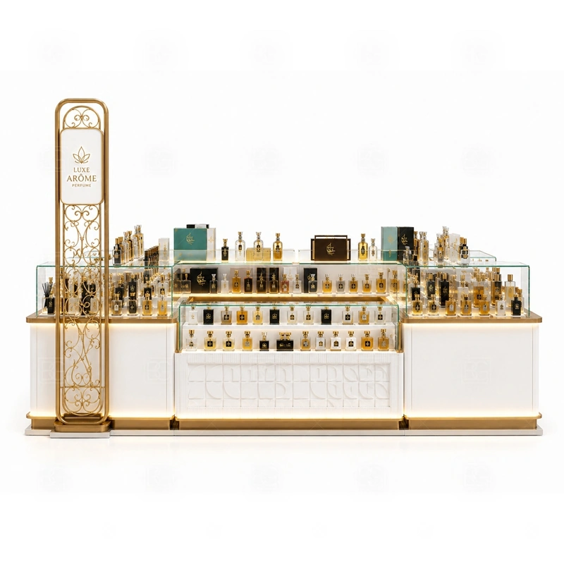 Commercial Perfume Kiosk and Display Shelves storage detail for lockable drawers, bottle stock cabinets, tester storage, packaging space, and cable access planned for commercial perfume kiosk and display shelves