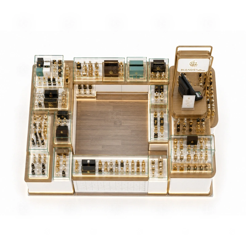 Commercial Perfume Kiosk and Display Shelves buyer planning detail for Commercial Perfume Kiosk and Display Shelves target size, bottle display quantity, tester counter size, logo sign dimensions, glass showcase size, lighting color, mall rules, destination country