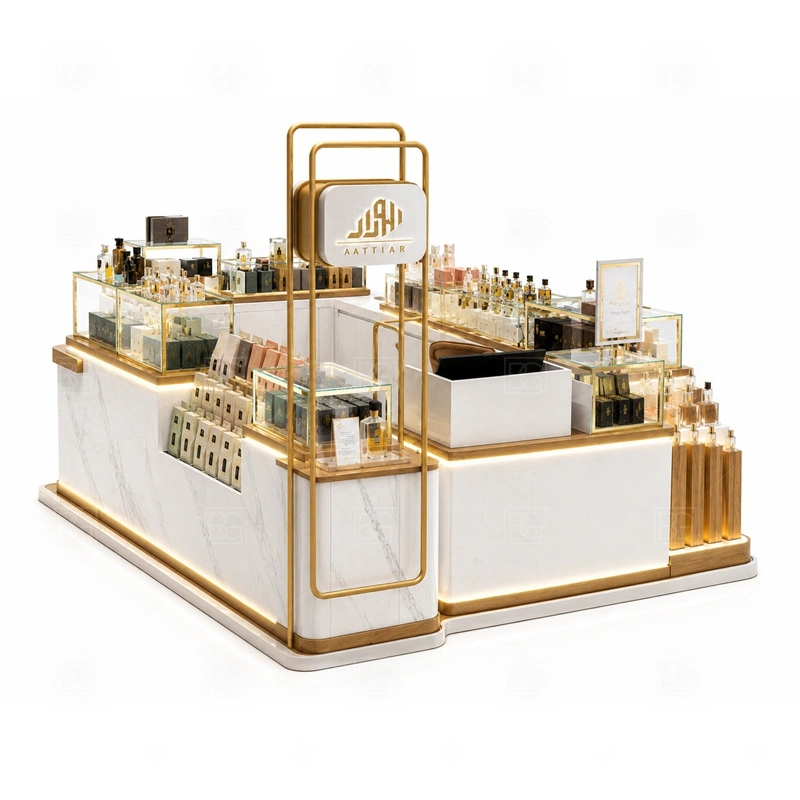Compact Perfume Kiosk with Logo Tower with glass showcase and product shelving shown in the compact perfume kiosk with logo tower product photos for fragrance and perfume retail