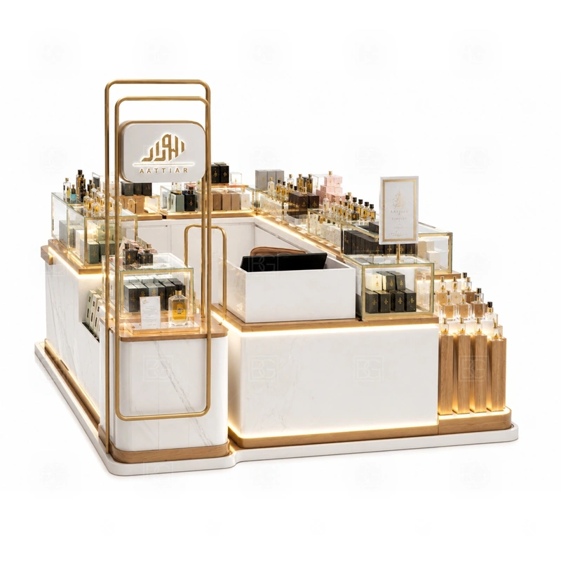 Compact Perfume Kiosk with Logo Tower layout showing compact perfume kiosk layout for limited lease spaces shown in the compact perfume kiosk with logo tower product photos, with food court traffic where order, payment, and pickup need a clean sequence