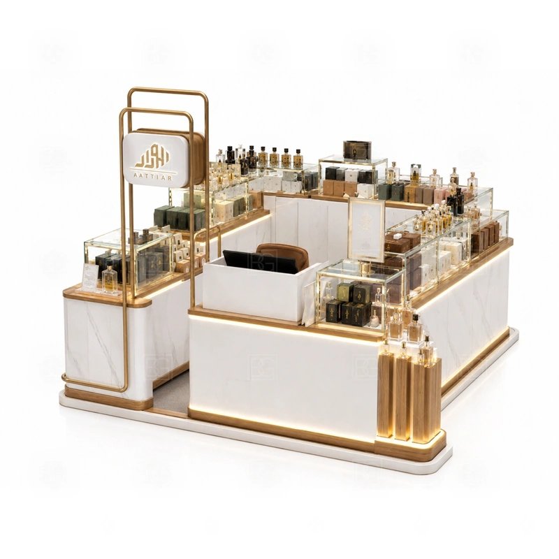 Compact Perfume Kiosk with Logo Tower display detail for tempered glass showcases and visible perfume bottle display zones planned for perfume bottles, testers, gift sets, fragrance boxes, and small beauty products, arranged around the visible showcase rhythm of Compact Perfume Kiosk with Logo Tower