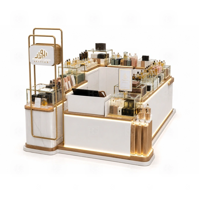 Compact Perfume Kiosk with Logo Tower branding detail for tall logo tower and warm LED brand lighting coordinated with fragrance brand color, logo panels, front graphics, and mall visibility needs, tuned to the logo position and visible brand surfaces of Compact Perfume Kiosk with Logo Tower