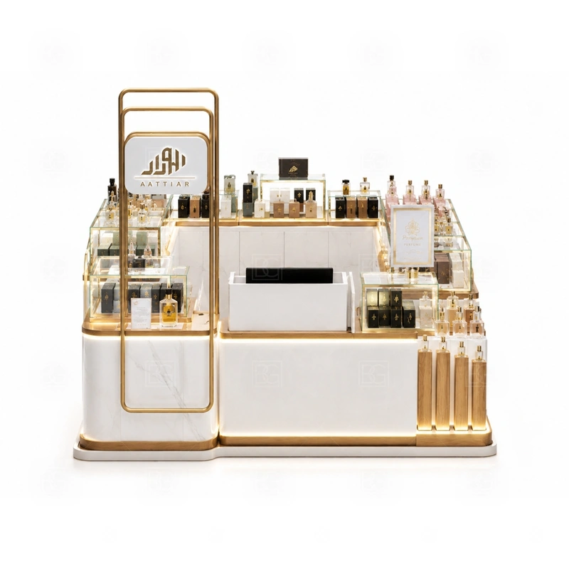 Compact Perfume Kiosk with Logo Tower storage detail for lockable drawers, bottle stock cabinets, tester storage, packaging space, and cable access planned for compact perfume kiosk with logo tower