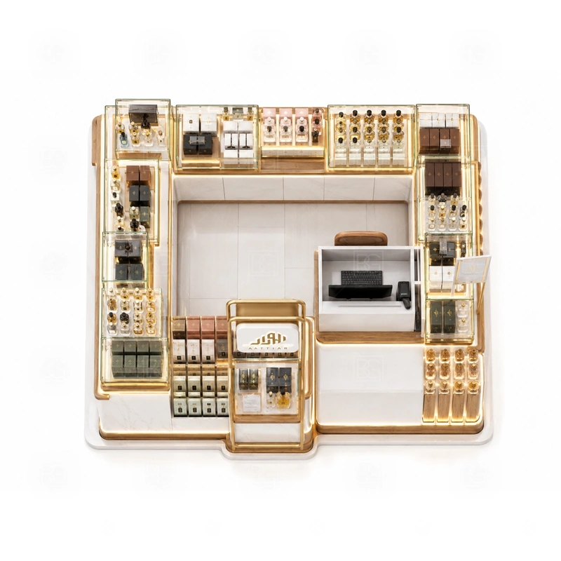 Compact Perfume Kiosk with Logo Tower buyer planning detail for Compact Perfume Kiosk with Logo Tower target size, bottle display quantity, tester counter size, logo sign dimensions, glass showcase size, lighting color, mall rules, destination country
