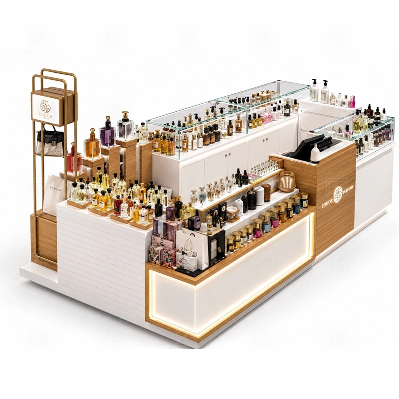 Compact Scent Bar Kiosk with Lockable Storage with multi-side customer browsing shown in the compact scent bar kiosk with lockable storage product photos for fragrance and perfume retail