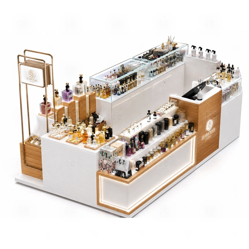 Compact Scent Bar Kiosk with Lockable Storage layout showing compact perfume kiosk layout for limited lease spaces shown in the compact scent bar kiosk with lockable storage product photos, with front-facing mall traffic with a clear customer approach and staff side behind the counter