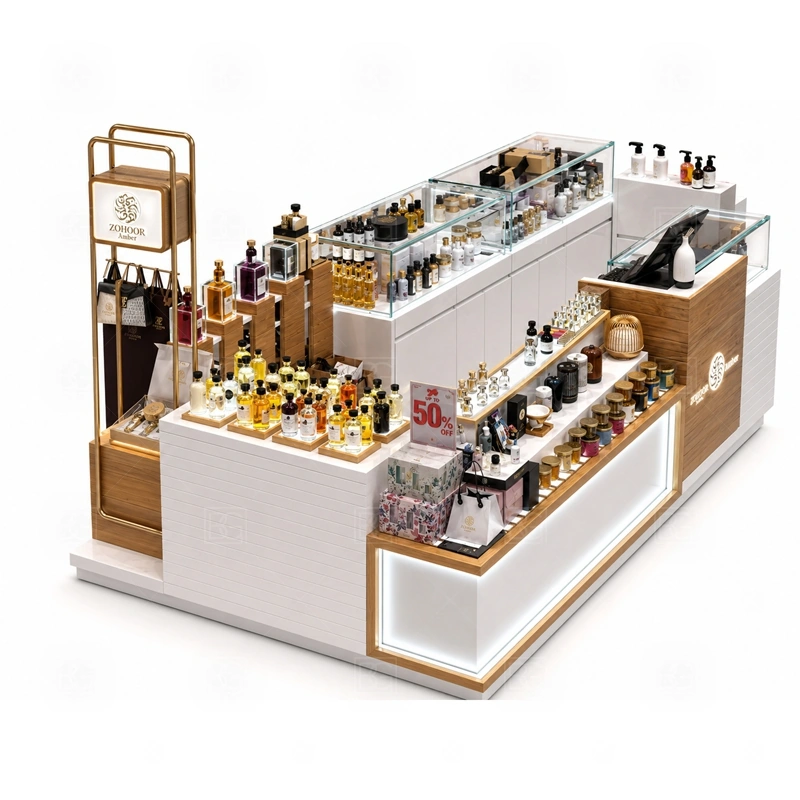 Compact Scent Bar Kiosk with Lockable Storage display detail for tester counter, scent bar area, and bottle display shelves planned for perfume bottles, testers, gift sets, fragrance boxes, and small beauty products, arranged around the visible showcase rhythm of Compact Scent Bar Kiosk with Lockable Storage