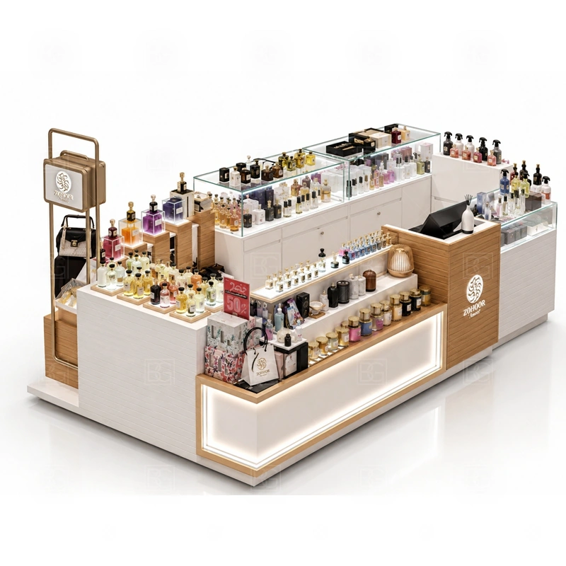 Compact Scent Bar Kiosk with Lockable Storage branding detail for premium logo signage with coordinated gold trim details coordinated with fragrance brand color, logo panels, front graphics, and mall visibility needs, tuned to the logo position and visible brand surfaces of Compact Scent Bar Kiosk with Lockable Storage