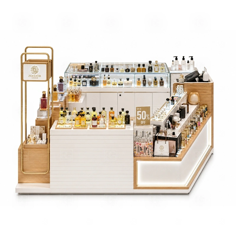 Compact Scent Bar Kiosk with Lockable Storage storage detail for lockable drawers, bottle stock cabinets, tester storage, packaging space, and cable access planned for compact scent bar kiosk with lockable storage