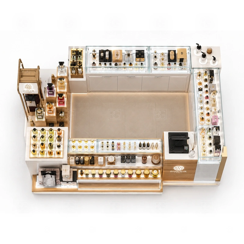 Compact Scent Bar Kiosk with Lockable Storage buyer planning detail for Compact Scent Bar Kiosk with Lockable Storage target size, bottle display quantity, tester counter size, logo sign dimensions, glass showcase size, lighting color, mall rules, destination country